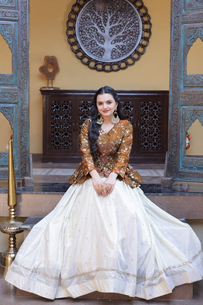 Gold Pure Cosmos with Zari &amp; Sequins Embroidery Work Navratri Lehenga Choli