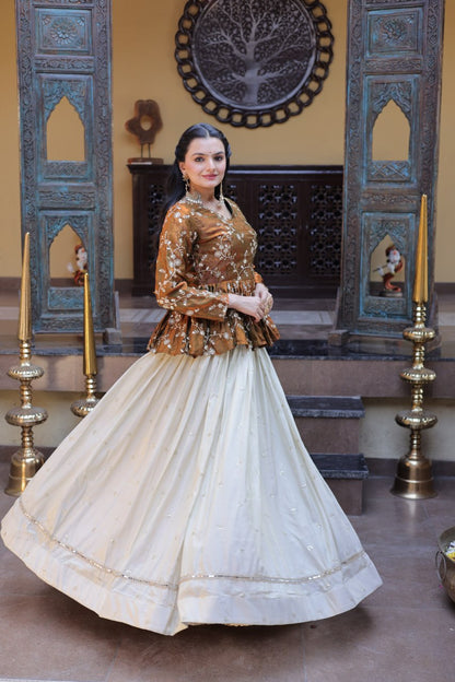 Gold Pure Cosmos with Zari &amp; Sequins Embroidery Work Navratri Lehenga Choli