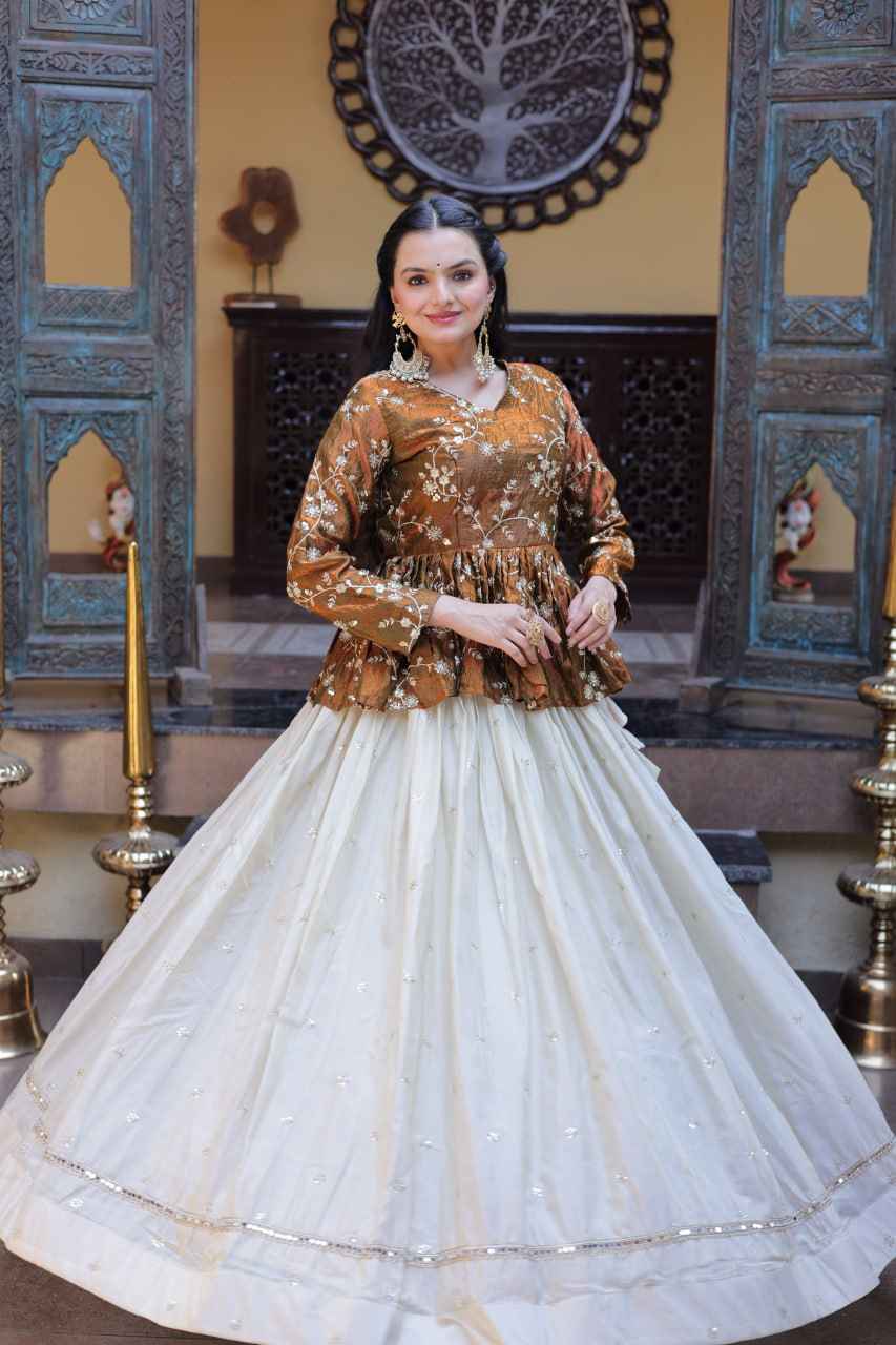 Gold Pure Cosmos with Zari &amp; Sequins Embroidery Work Navratri Lehenga Choli