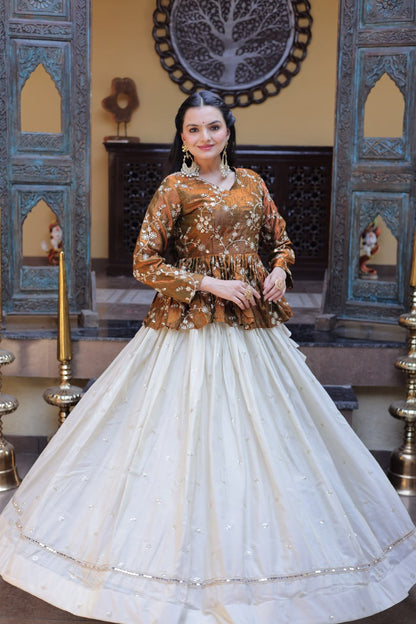 Gold Pure Cosmos with Zari &amp; Sequins Embroidery Work Navratri Lehenga Choli