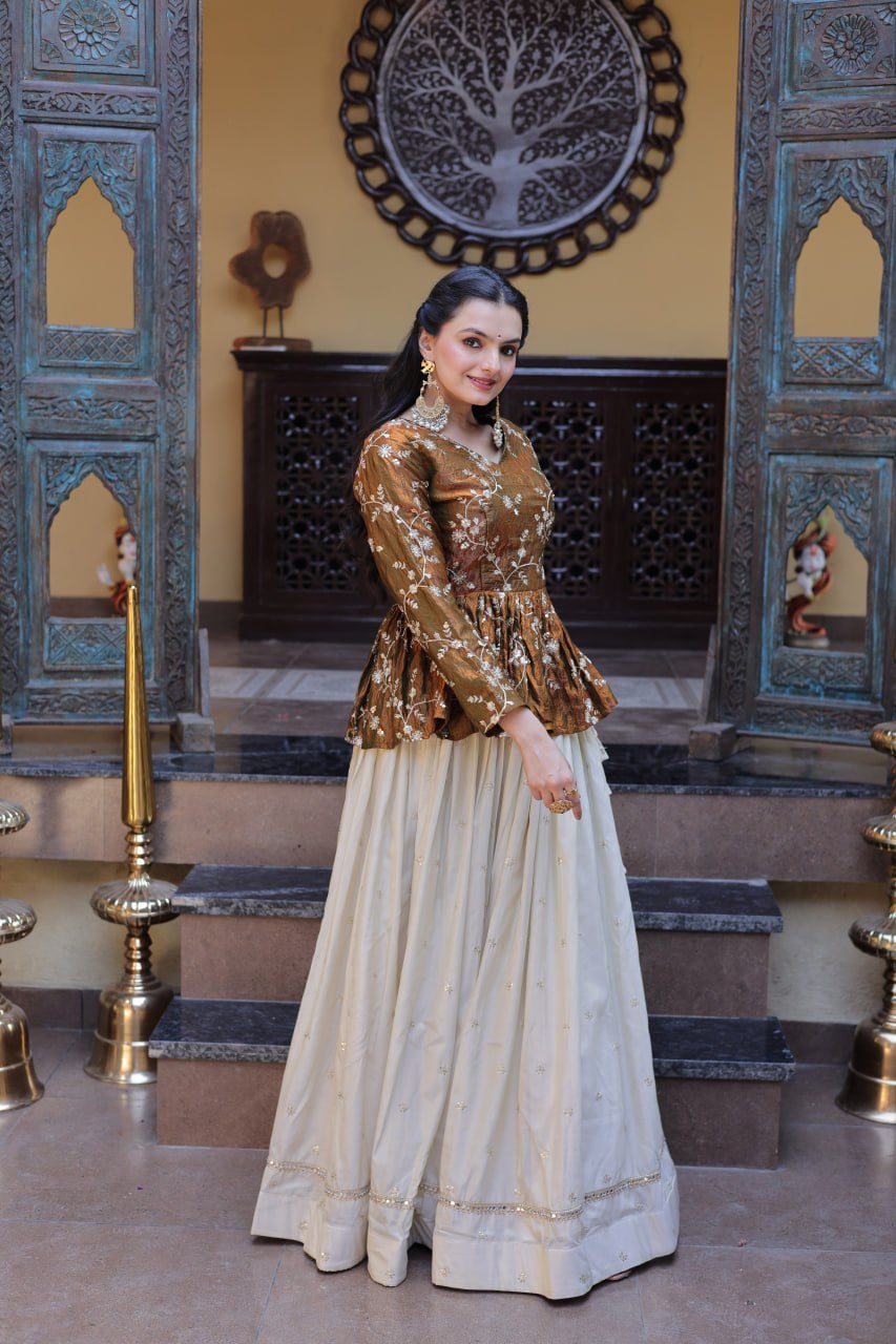 Gold Pure Cosmos with Zari &amp; Sequins Embroidery Work Navratri Lehenga Choli