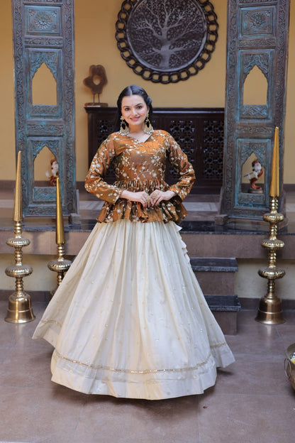 Gold Pure Cosmos with Zari &amp; Sequins Embroidery Work Navratri Lehenga Choli