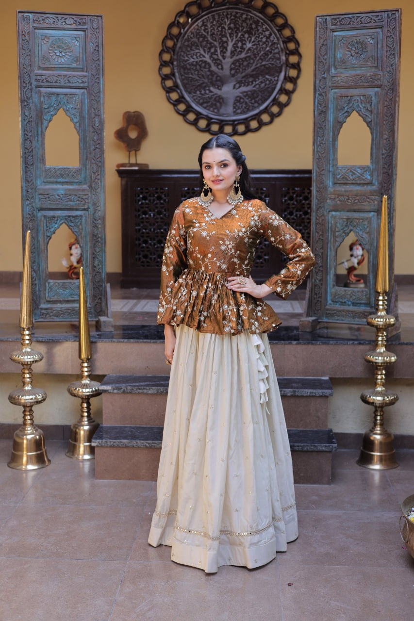 Gold Pure Cosmos with Zari &amp; Sequins Embroidery Work Navratri Lehenga Choli