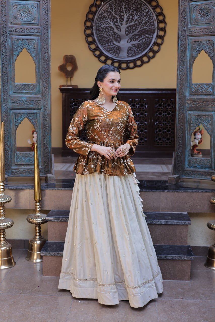 Gold Pure Cosmos with Zari &amp; Sequins Embroidery Work Navratri Lehenga Choli