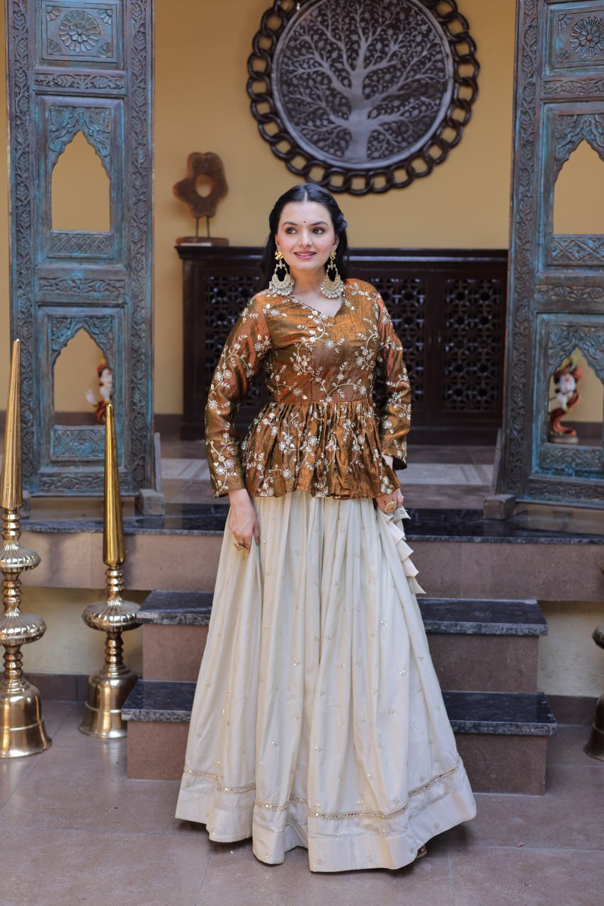 Gold Pure Cosmos with Zari &amp; Sequins Embroidery Work Navratri Lehenga Choli