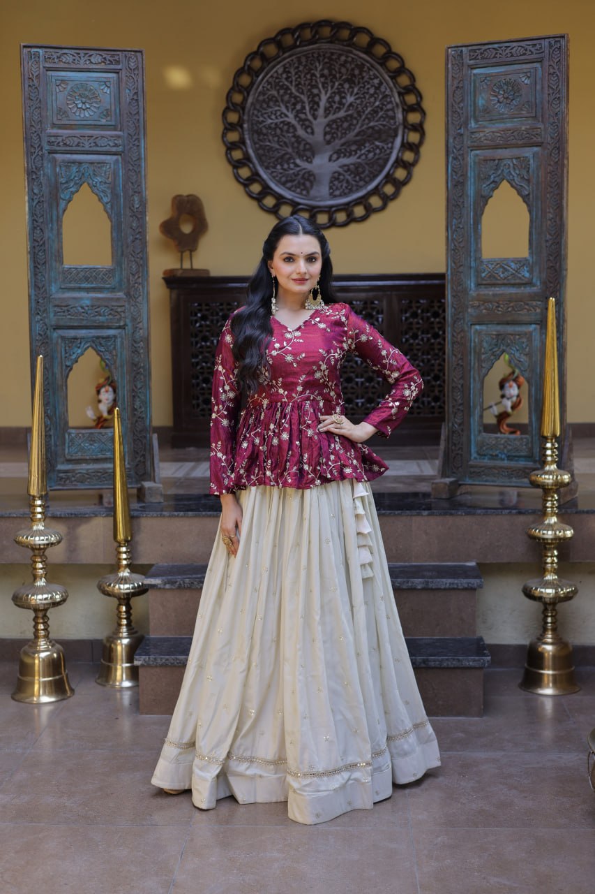 Magenta Pure Cosmos with Zari &amp; Sequins Embroidery Work Navratri Lehenga Choli