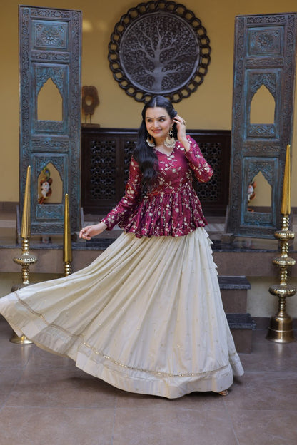 Magenta Pure Cosmos with Zari &amp; Sequins Embroidery Work Navratri Lehenga Choli