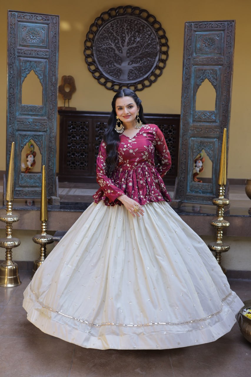 Magenta Pure Cosmos with Zari &amp; Sequins Embroidery Work Navratri Lehenga Choli