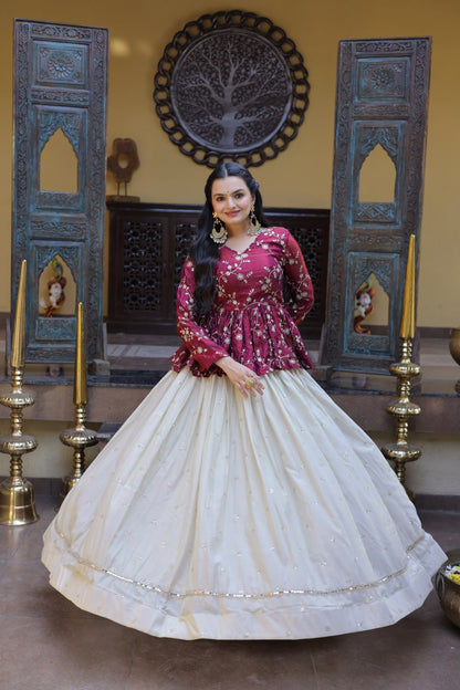 Magenta Pure Cosmos with Zari &amp; Sequins Embroidery Work Navratri Lehenga Choli