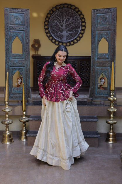 Magenta Pure Cosmos with Zari &amp; Sequins Embroidery Work Navratri Lehenga Choli