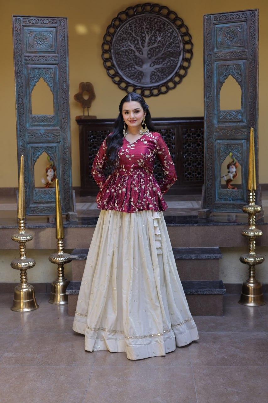Magenta Pure Cosmos with Zari &amp; Sequins Embroidery Work Navratri Lehenga Choli