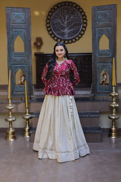 Magenta Pure Cosmos with Zari &amp; Sequins Embroidery Work Navratri Lehenga Choli