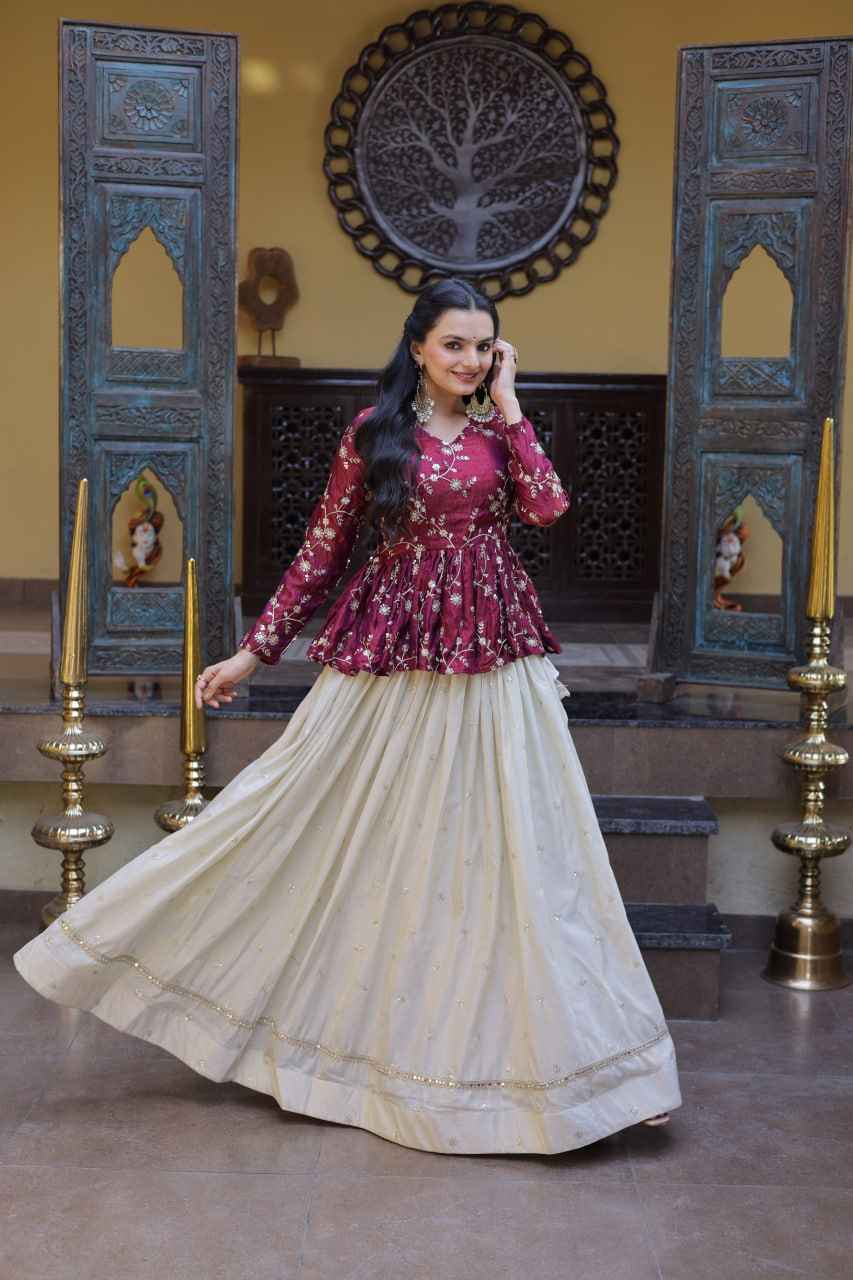 Magenta Pure Cosmos with Zari &amp; Sequins Embroidery Work Navratri Lehenga Choli