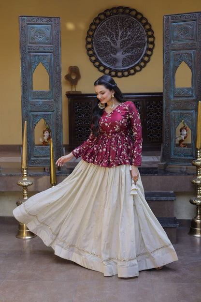 Magenta Pure Cosmos with Zari &amp; Sequins Embroidery Work Navratri Lehenga Choli