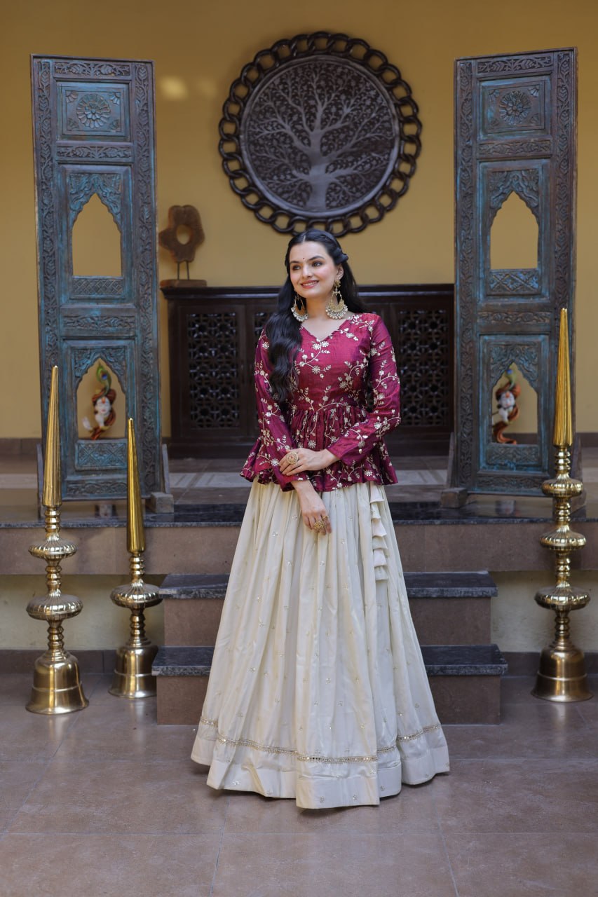 Magenta Pure Cosmos with Zari &amp; Sequins Embroidery Work Navratri Lehenga Choli