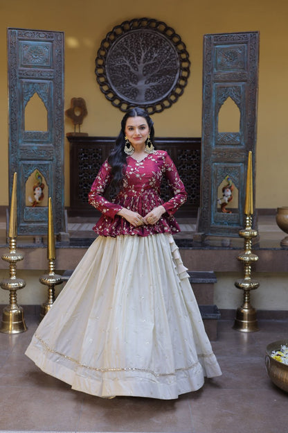 Magenta Pure Cosmos with Zari &amp; Sequins Embroidery Work Navratri Lehenga Choli