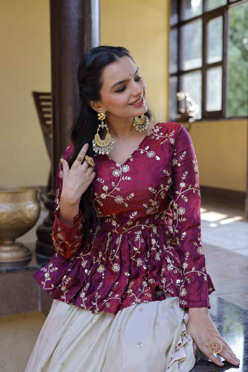 Magenta Pure Cosmos with Zari &amp; Sequins Embroidery Work Navratri Lehenga Choli