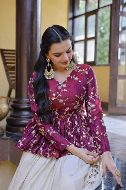 Magenta Pure Cosmos with Zari &amp; Sequins Embroidery Work Navratri Lehenga Choli