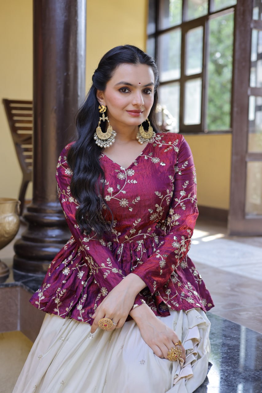 Magenta Pure Cosmos with Zari &amp; Sequins Embroidery Work Navratri Lehenga Choli