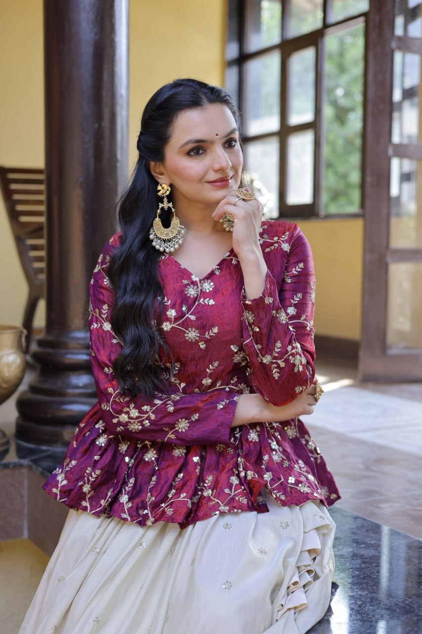 Magenta Pure Cosmos with Zari &amp; Sequins Embroidery Work Navratri Lehenga Choli