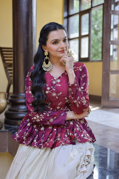 Magenta Pure Cosmos with Zari &amp; Sequins Embroidery Work Navratri Lehenga Choli