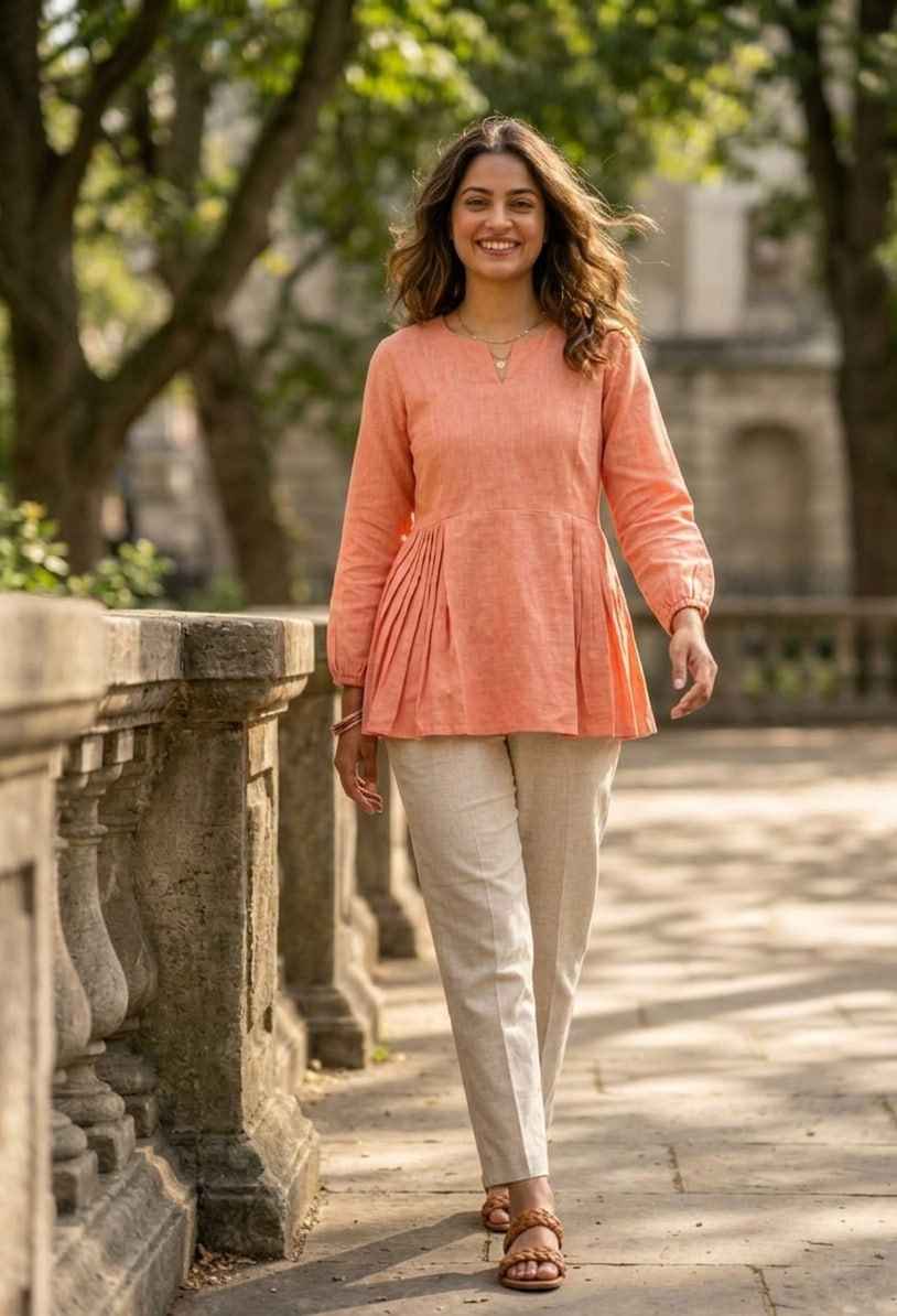 Peach Pure Soft Linen Cotton Kurti Pent