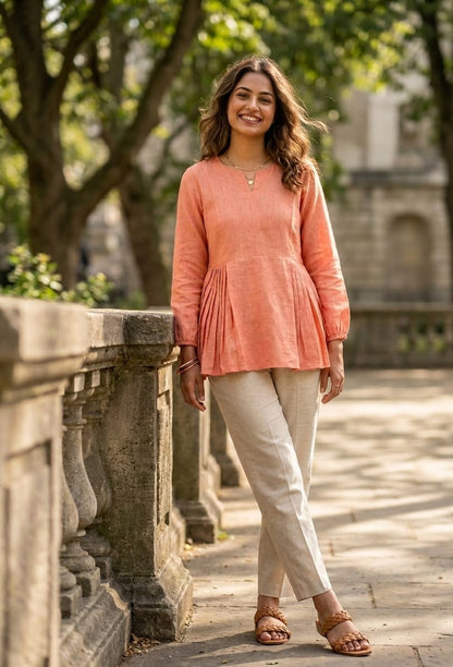 Peach Pure Soft Linen Cotton Kurti Pent