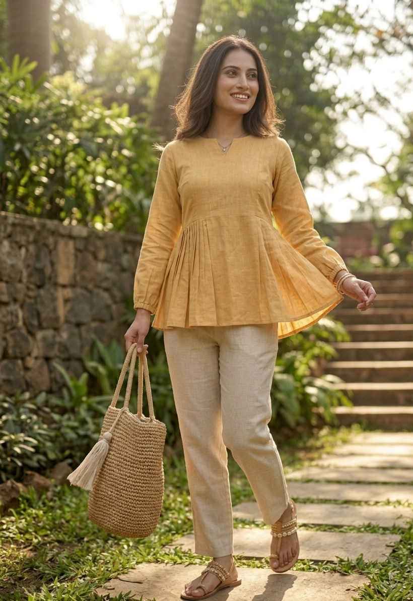Yellow Pure Soft Linen Cotton Kurti Pent