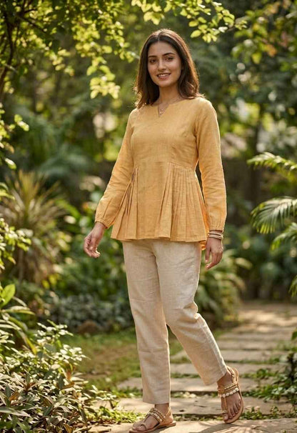 Yellow Pure Soft Linen Cotton Kurti Pent
