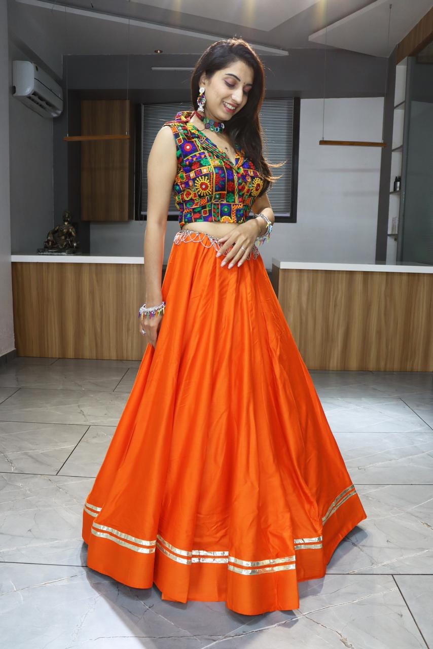 Orange Pure Rayon Cotton Plain With Gota Patti &amp; Kali Work Navratri Lehenga Choli