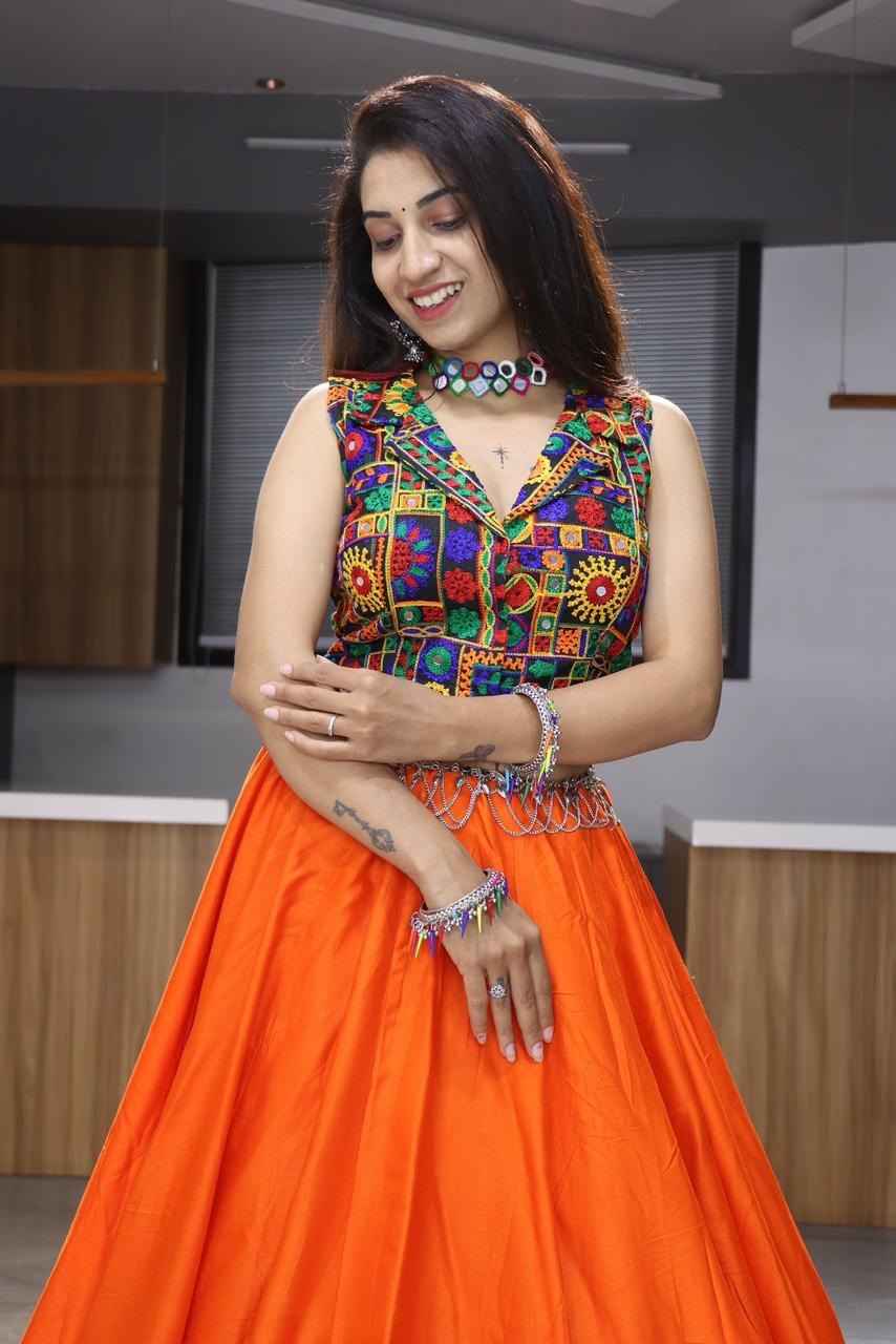 Orange Pure Rayon Cotton Plain With Gota Patti &amp; Kali Work Navratri Lehenga Choli