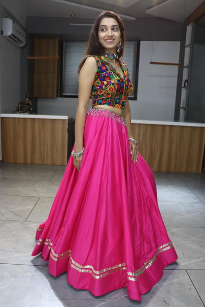 Pink Pure Rayon Cotton Plain With Gota Patti &amp; Kali Work Navratri Lehenga Choli