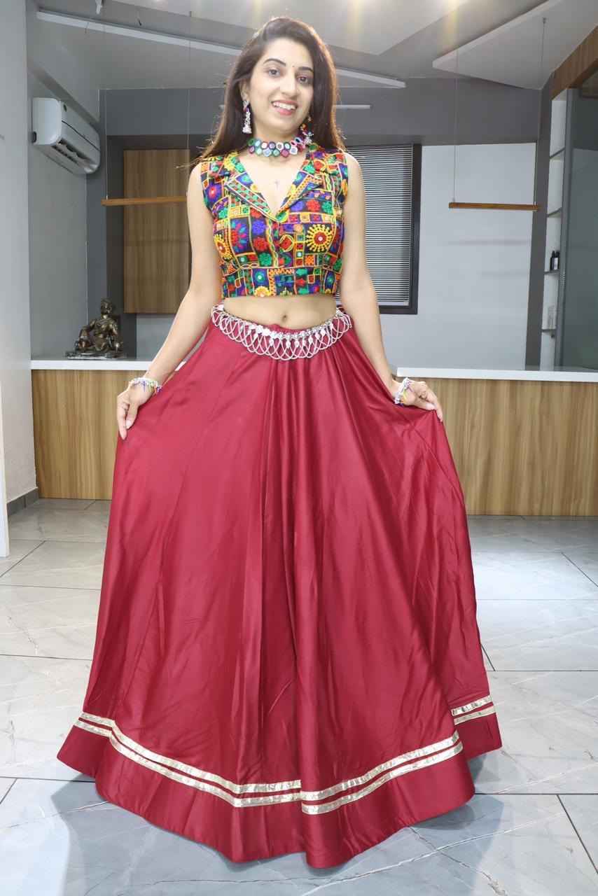 Maroon Pure Rayon Cotton Plain With Gota Patti &amp; Kali Work Navratri Lehenga Choli