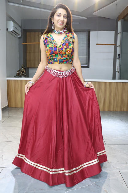 Maroon Pure Rayon Cotton Plain With Gota Patti &amp; Kali Work Navratri Lehenga Choli