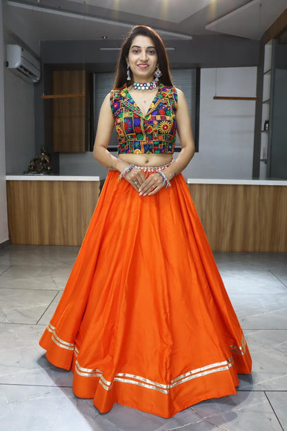 Orange Pure Rayon Cotton Plain With Gota Patti &amp; Kali Work Navratri Lehenga Choli