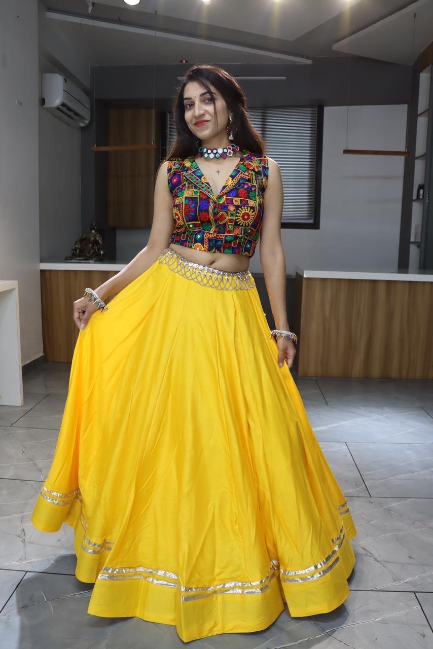 Yellow Pure Rayon Cotton Plain With Gota Patti &amp; Kali Work Navratri Lehenga Choli