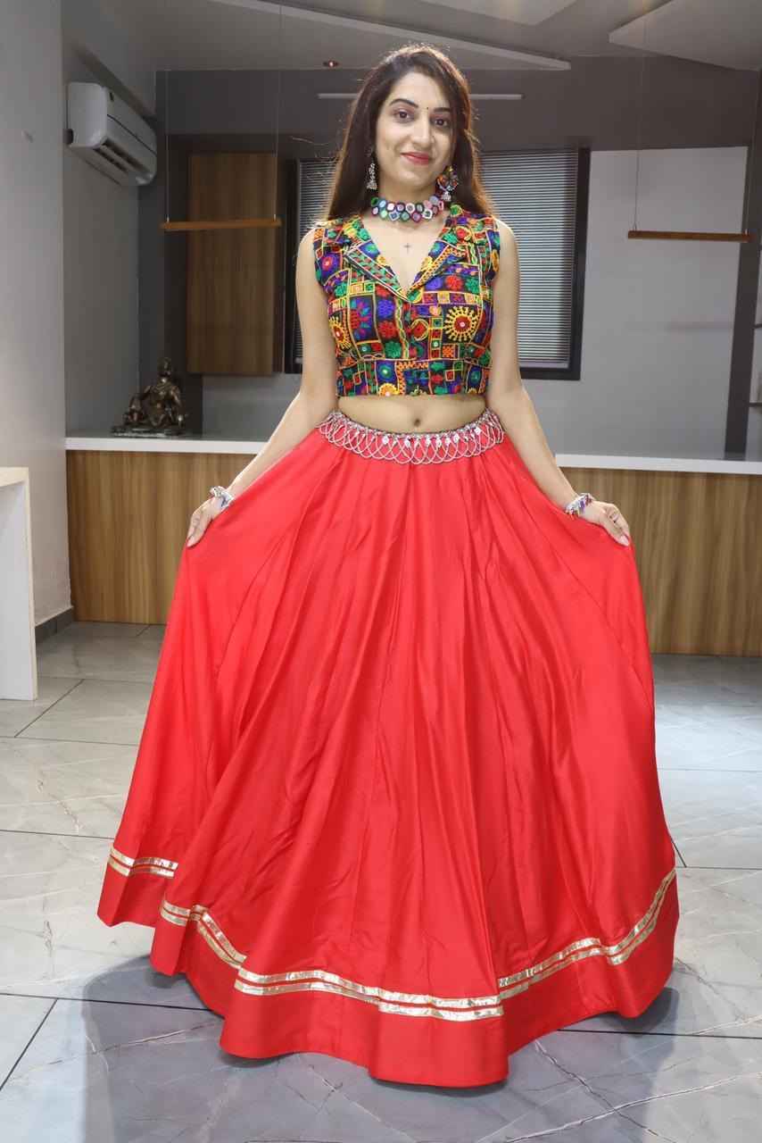 Red Pure Rayon Cotton Plain With Gota Patti &amp; Kali Work Navratri Lehenga Choli