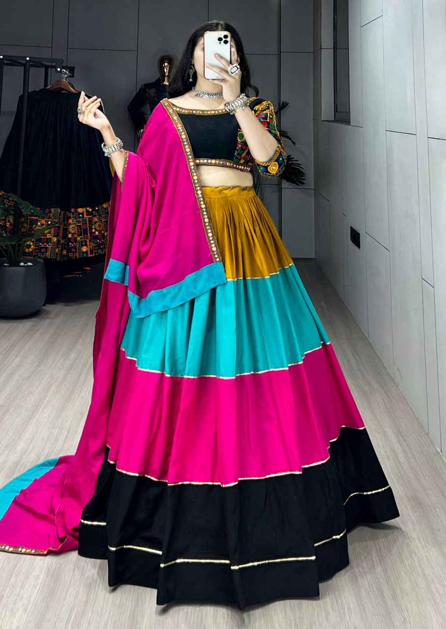 Yellow Pure Rayon Cotton Colorful Kali With Gota Patti Work Navratri Lehenga Choli