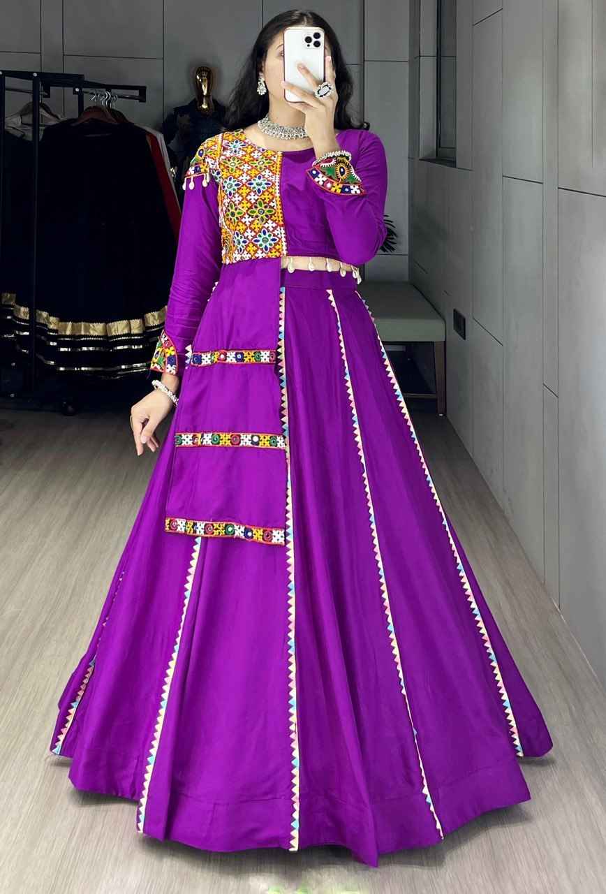 Purple Pure Rayon Cotton Colorful Kali With Gota Patti Work Navratri Lehenga Choli