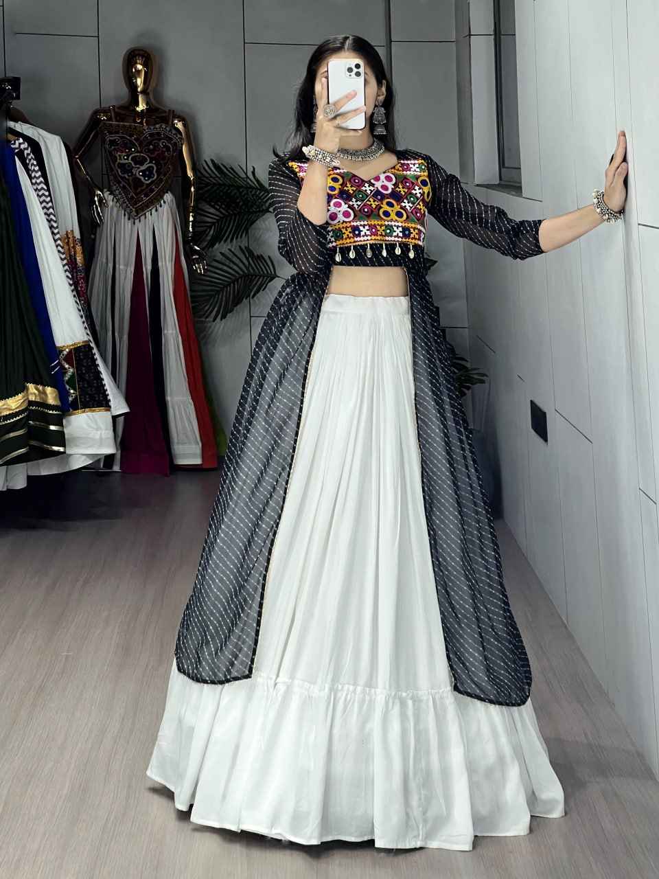 Black Pure Rayon Cotton Leheriya Prints Navratri Lehenga Choli