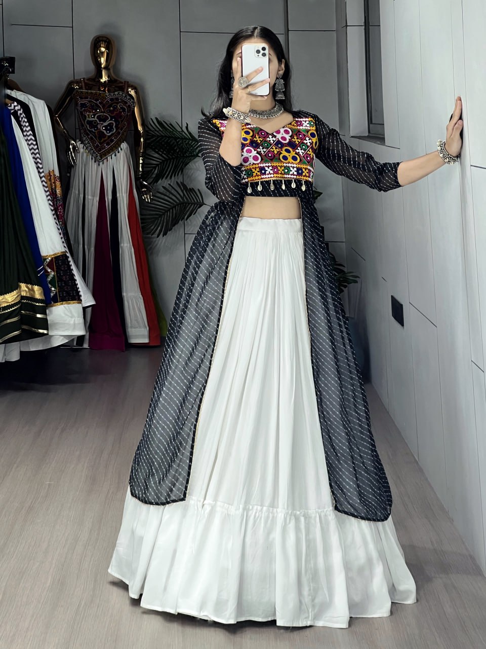 Black Pure Rayon Cotton Leheriya Prints Navratri Lehenga Choli
