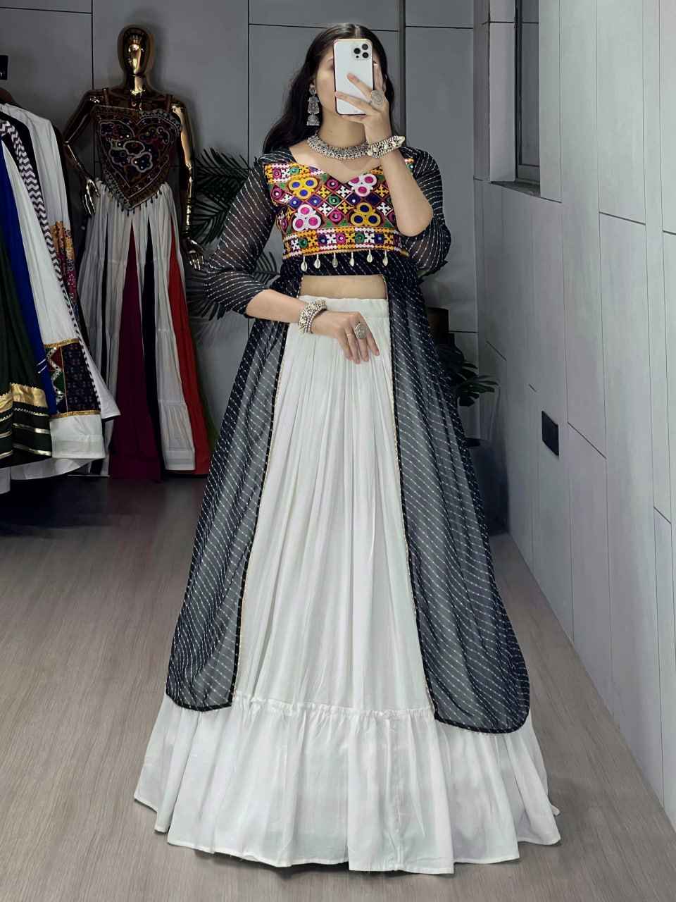 Black Pure Rayon Cotton Leheriya Prints Navratri Lehenga Choli
