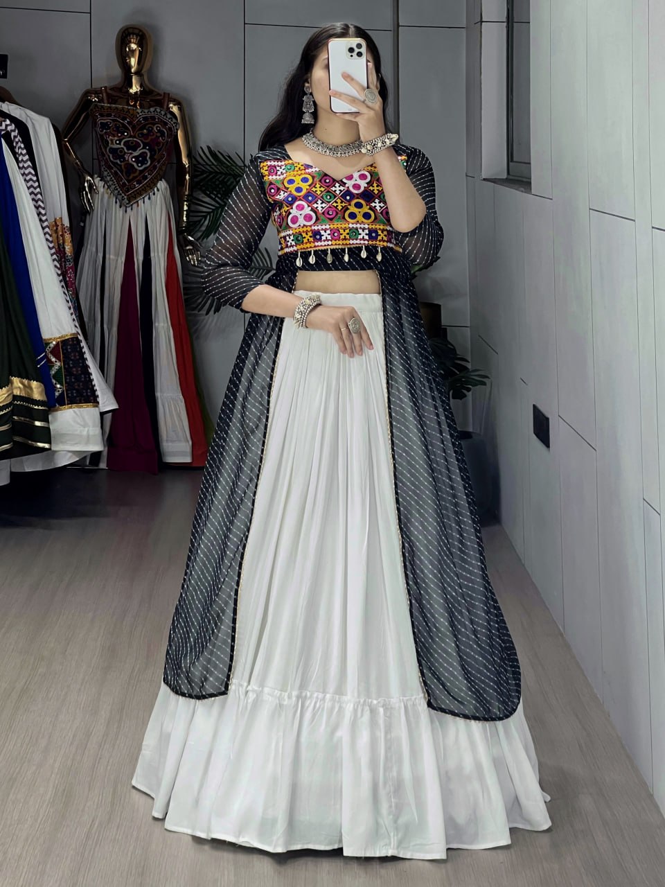 Black Pure Rayon Cotton Leheriya Prints Navratri Lehenga Choli