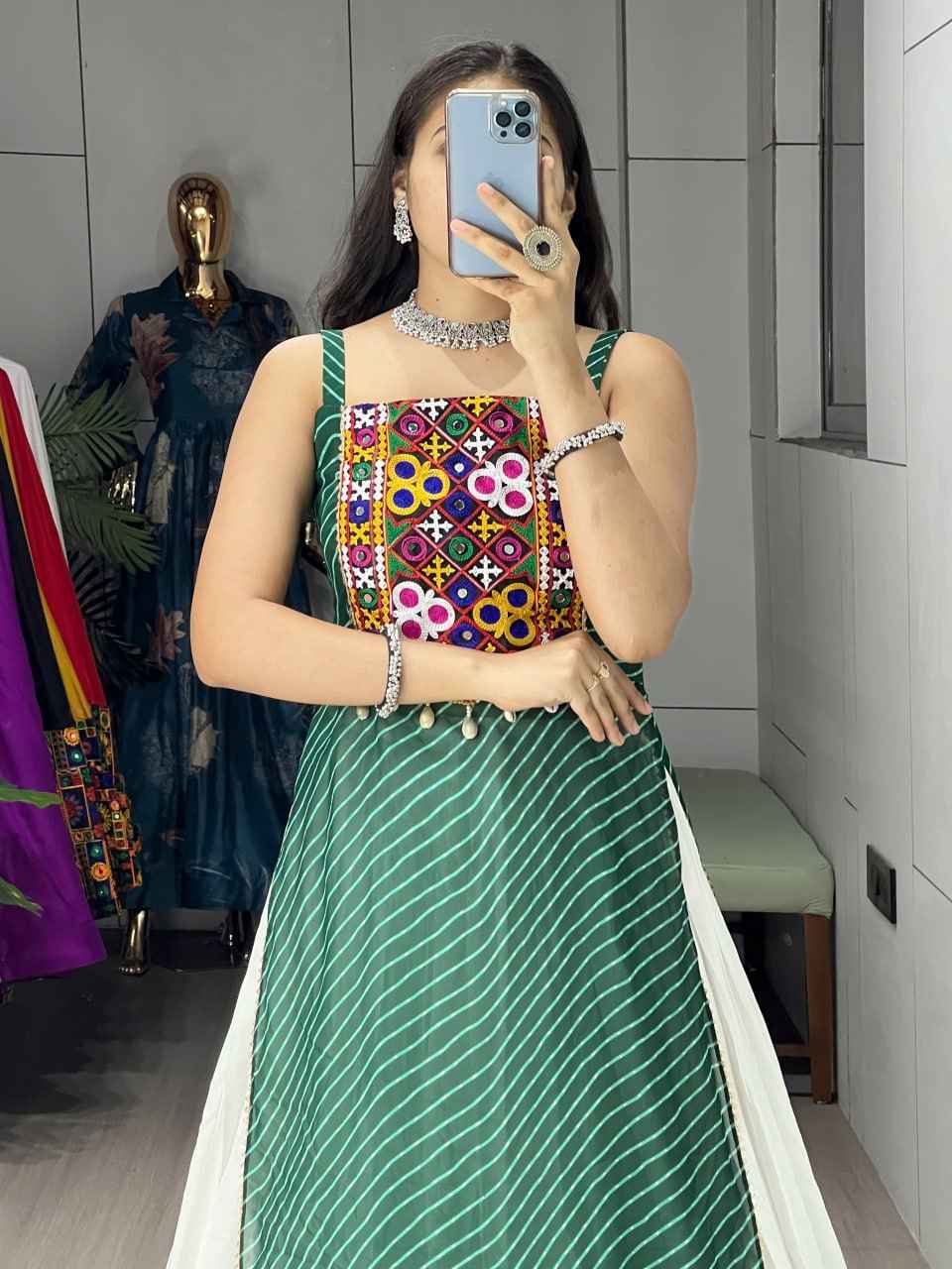 Green Pure Rayon Cotton Leheriya Prints Navratri Lehenga Choli