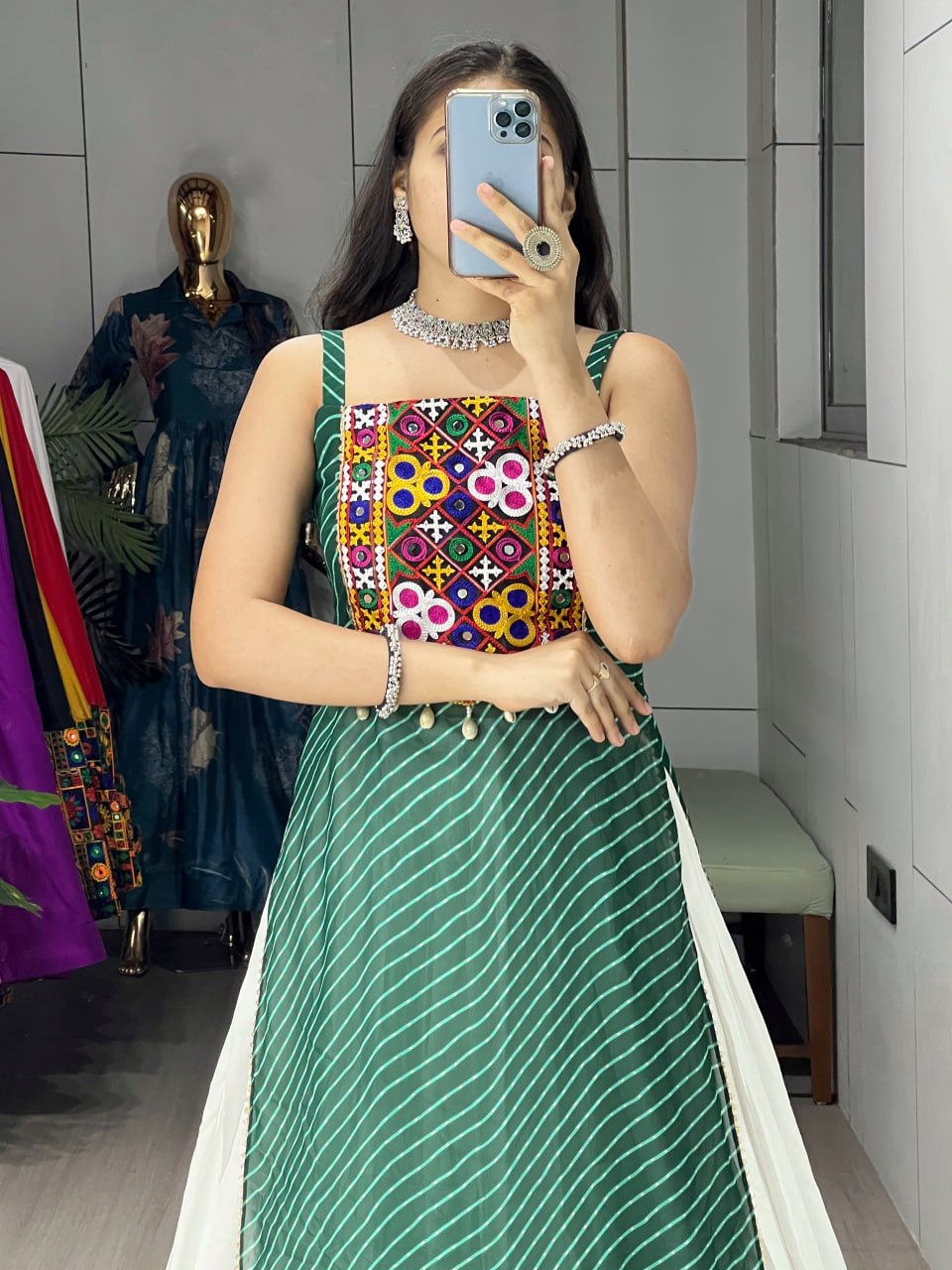 Green Pure Rayon Cotton Leheriya Prints Navratri Lehenga Choli