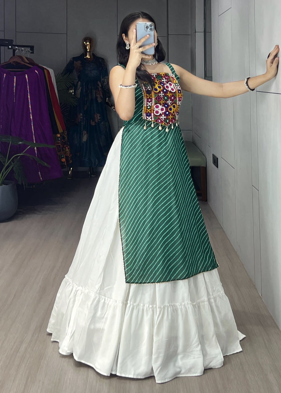 Green Pure Rayon Cotton Leheriya Prints Navratri Lehenga Choli