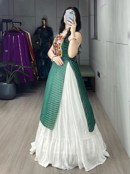 Green Pure Rayon Cotton Leheriya Prints Navratri Lehenga Choli