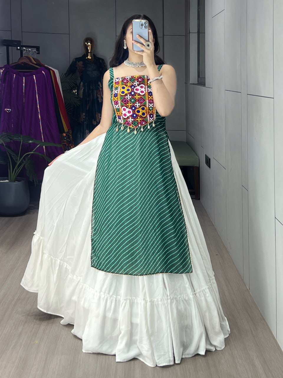 Green Pure Rayon Cotton Leheriya Prints Navratri Lehenga Choli