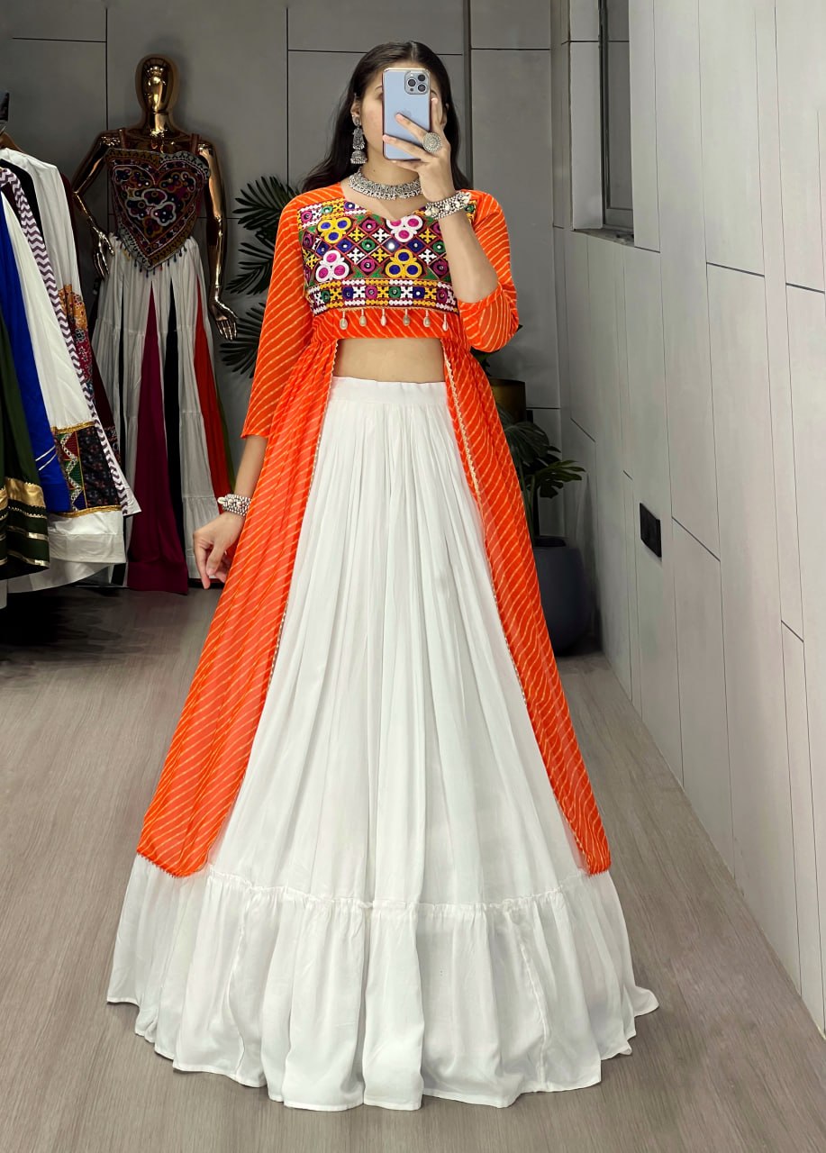 Orange Pure Rayon Cotton Leheriya Prints Navratri Lehenga Choli