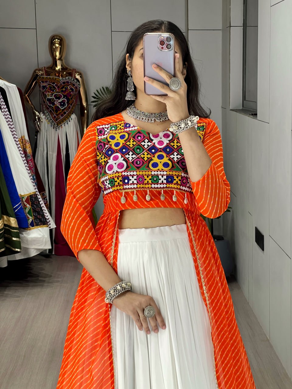 Orange Pure Rayon Cotton Leheriya Prints Navratri Lehenga Choli
